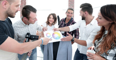 team of designers discussing the color palette